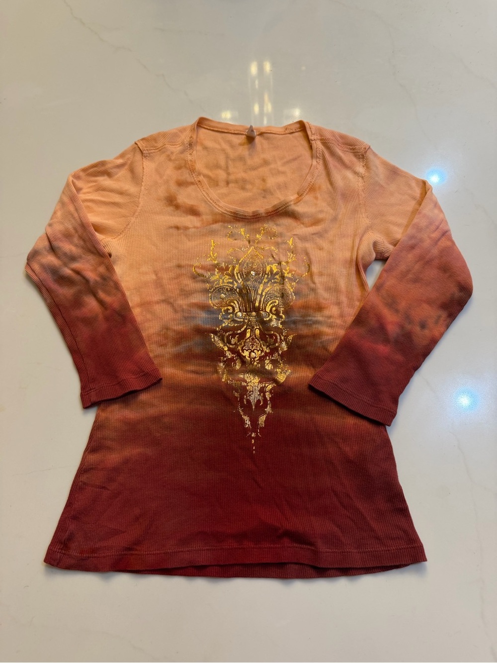 Women’s Ombre Peach to Burgundy Long Sleeve Top with Gold Accent